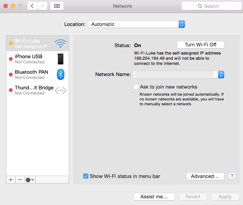 wifi has the self assigned ip address and will not connect to internet