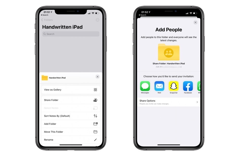 Share Notes folder iPhone
