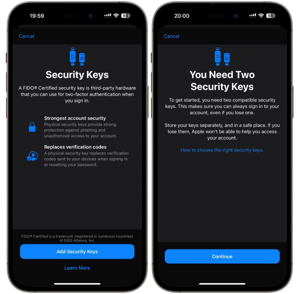 Add security keys to your Apple ID