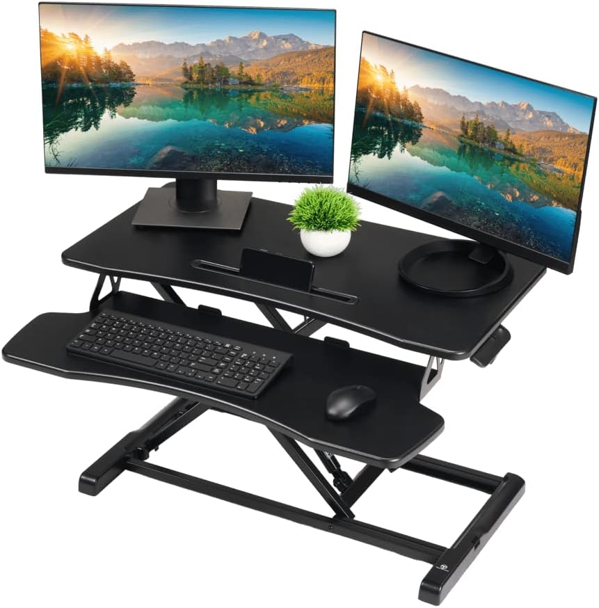 Standing Desk Converter: Adjustable up to 19.3 for Dual Monitors.  Ergonomic Black Riser Promotes Healthy Workstation