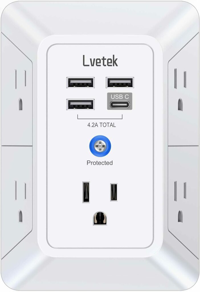 Lvetek 5-Outlet Surge Protector USB Outlet Extender
