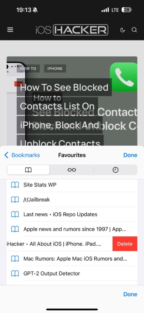Delete bookmark on iPhone