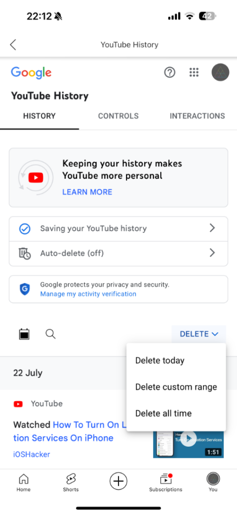 delete youtube watch history