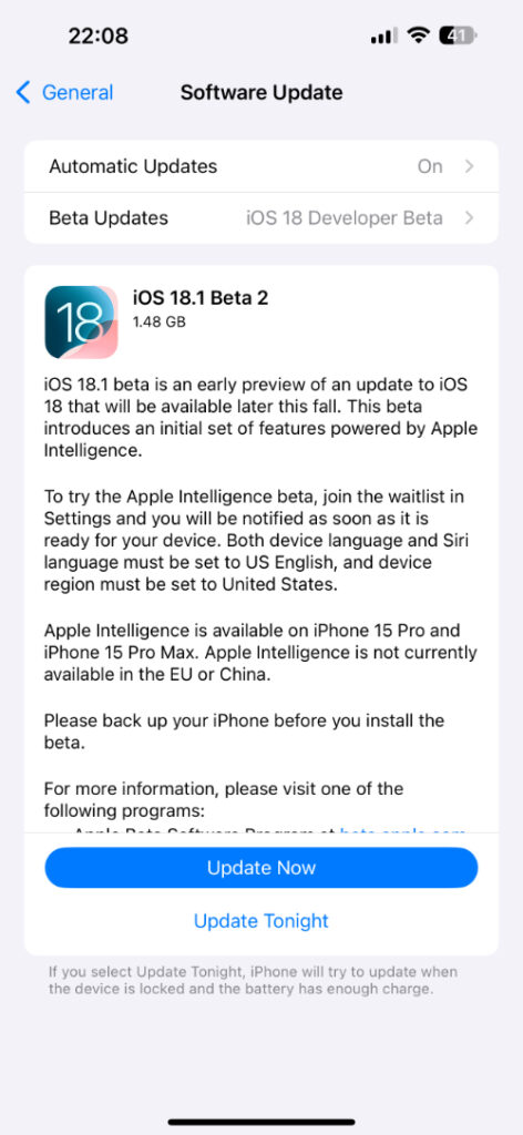 iOS 18.1 beta 2