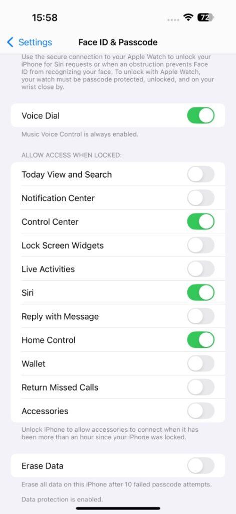 Face ID Passcode Control Center toggle