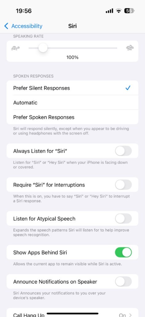 Siri Spoken Responses settings