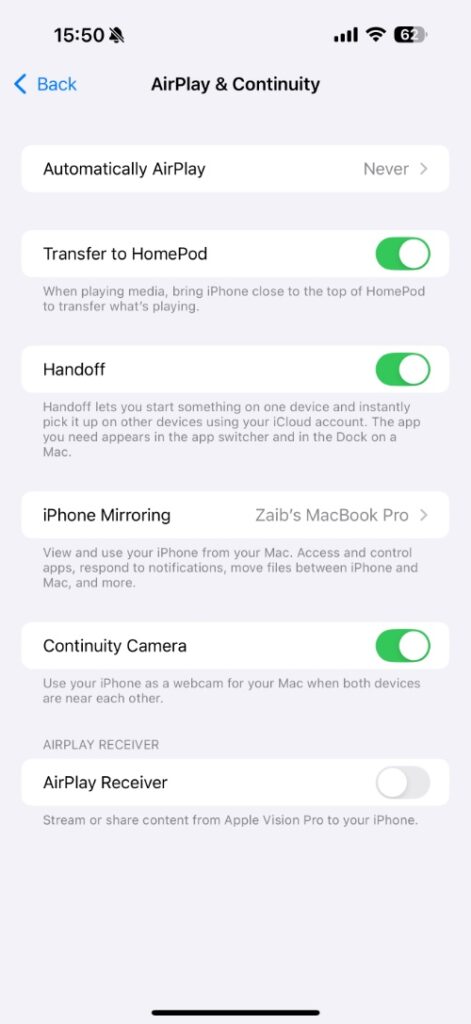 AirPlay and Continuity Settings