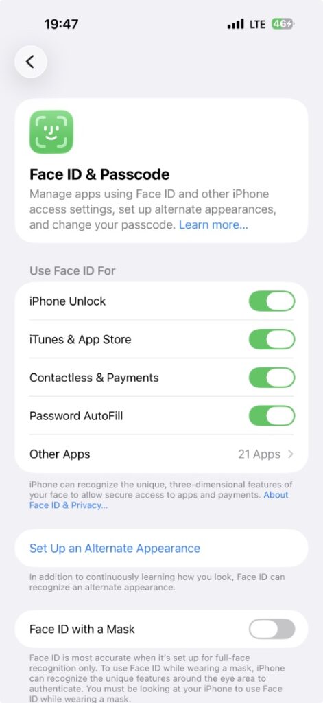 Face ID Settings on iOS 26