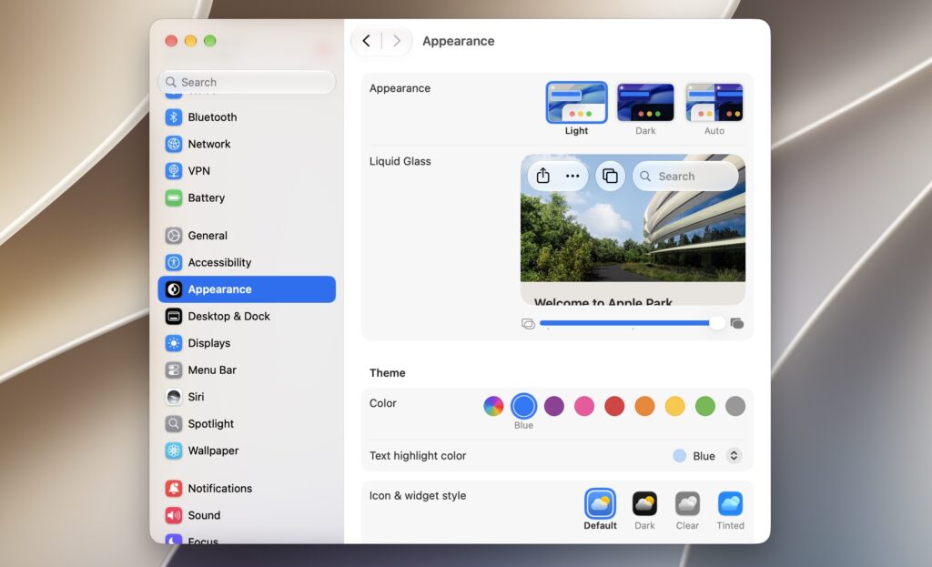 Liquid Glass Settings macOS 27